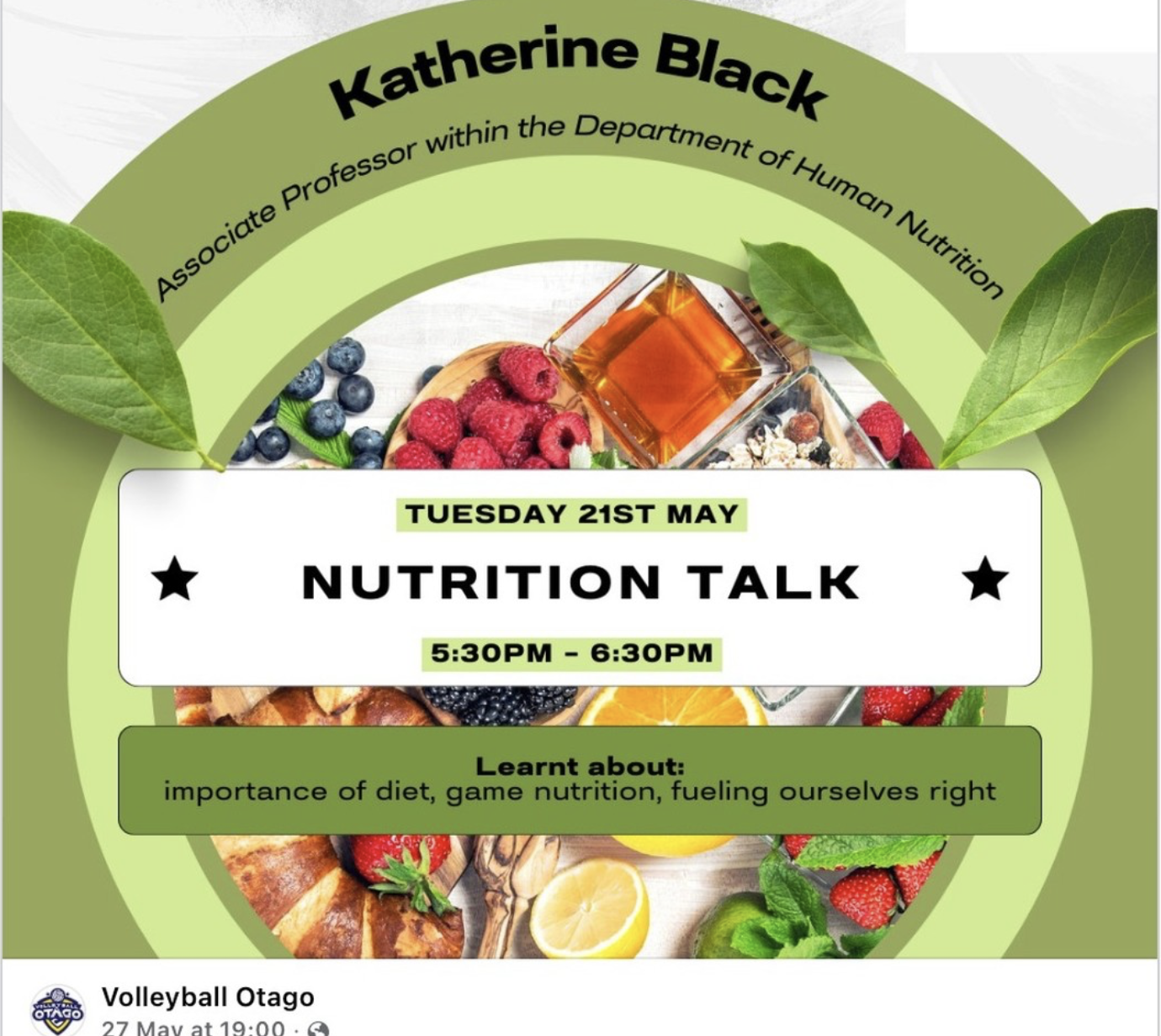 Poster for nutrition presentation for Volleyball Otago